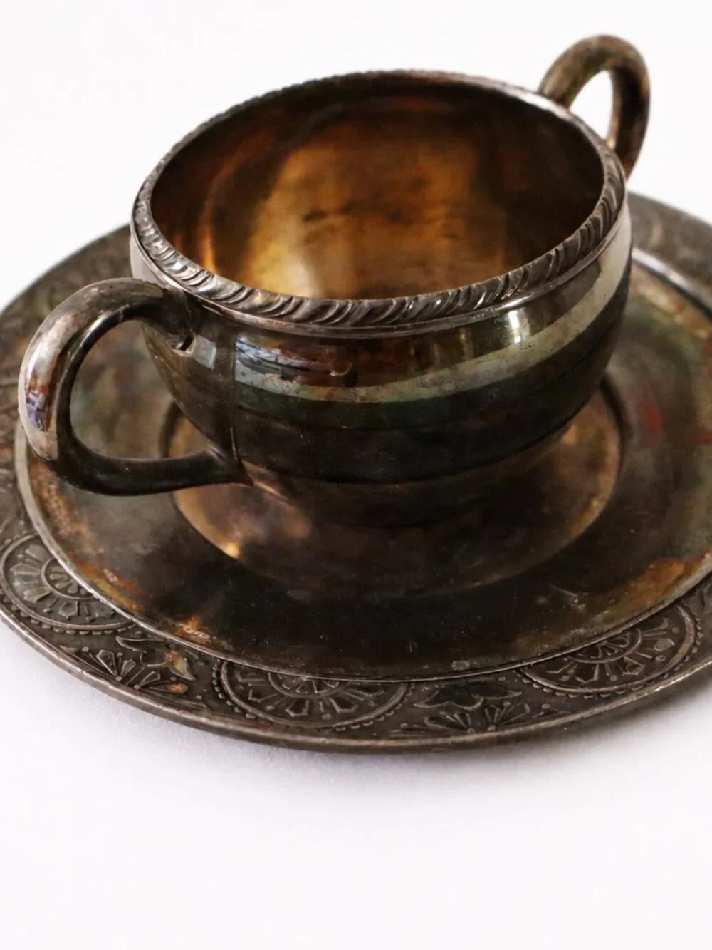 Vintage Silverplate Double Handle Cream Soup Cup & Saucer